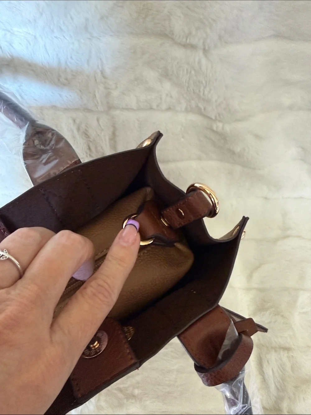Tan & Brown Structured Tote Bag with snap in pouch and crossbody strap
